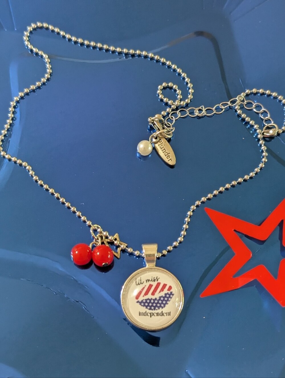 Plunder "Lil' Miss Independent" Patriotic Pendant Necklace New In Box